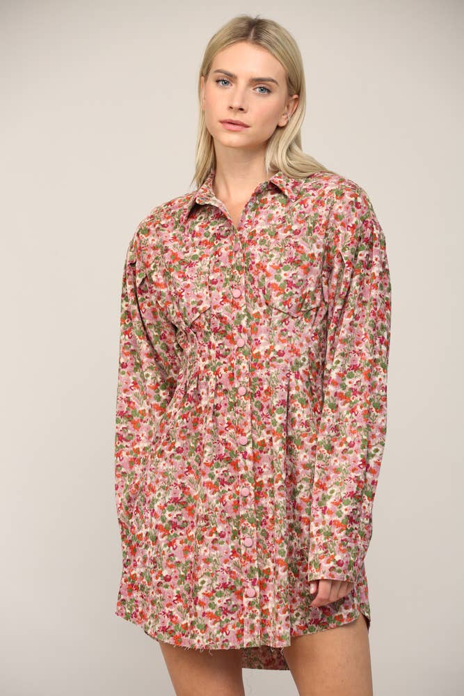 FLORAL PRINT CORDUROY TUCKED WAIST SHIRT DRESS FD30060: CAMEL MULTI / M