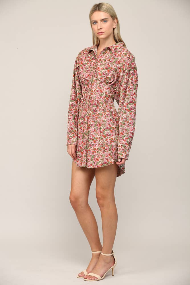 FLORAL PRINT CORDUROY TUCKED WAIST SHIRT DRESS FD30060: CAMEL MULTI / M