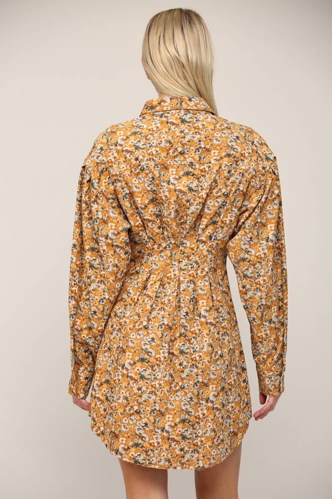 FLORAL PRINT CORDUROY TUCKED WAIST SHIRT DRESS FD30060: CAMEL MULTI / M