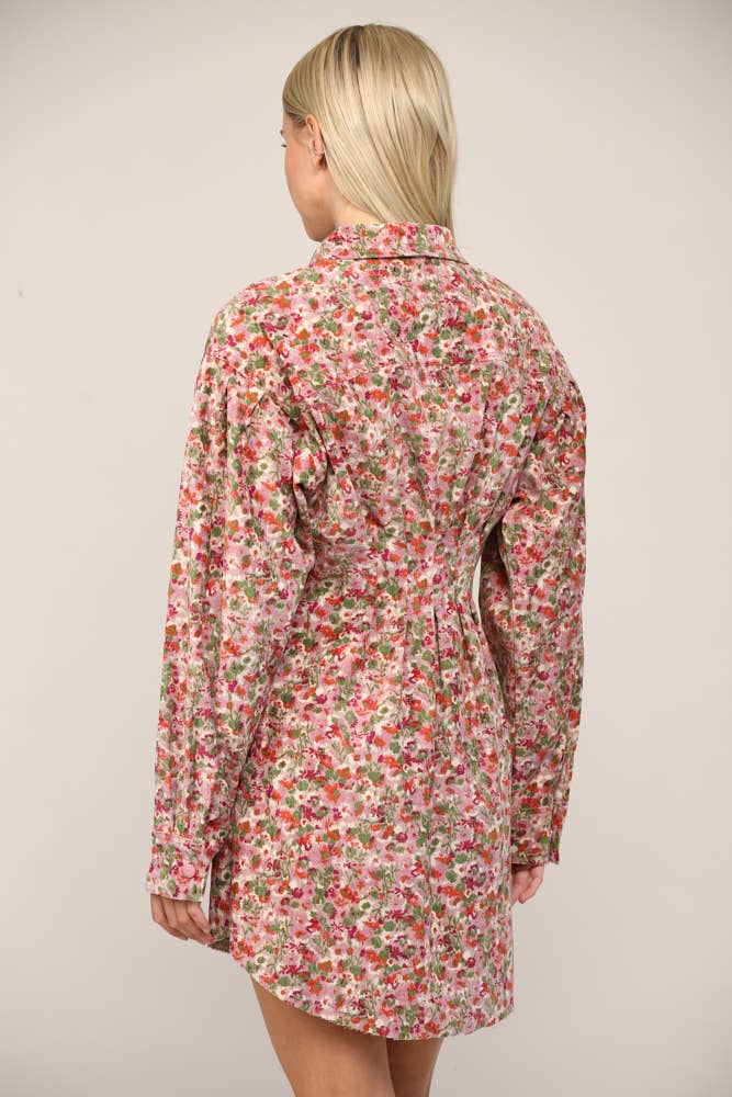 FLORAL PRINT CORDUROY TUCKED WAIST SHIRT DRESS FD30060: CAMEL MULTI / M