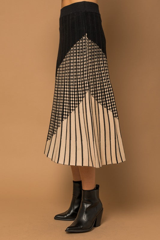 Mixed printed Pleated Sweater Midi Skirt