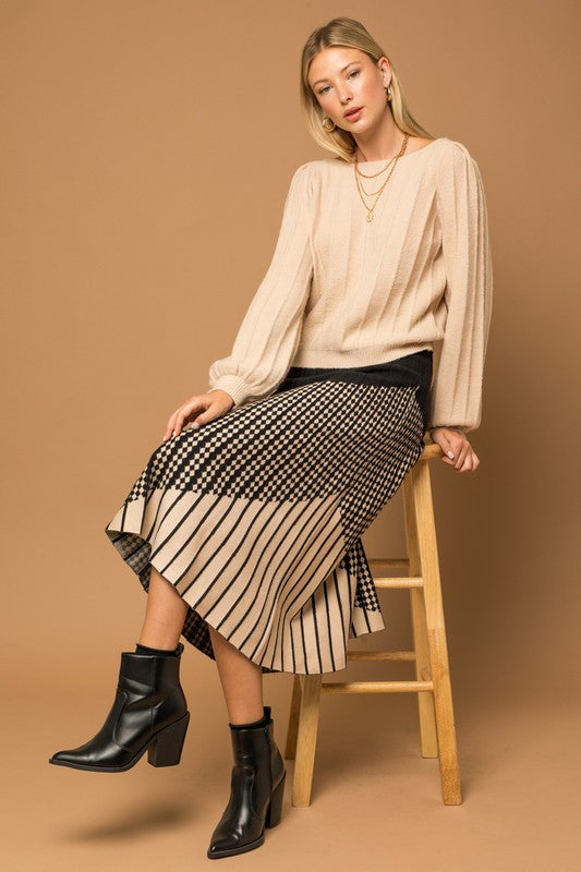 Mixed printed Pleated Sweater Midi Skirt