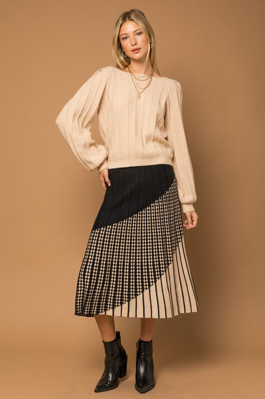 Mixed printed Pleated Sweater Midi Skirt