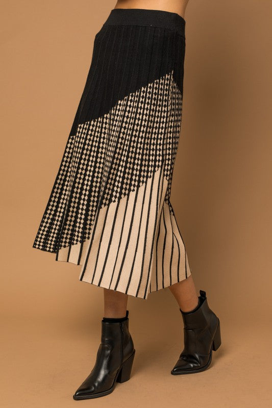Mixed printed Pleated Sweater Midi Skirt