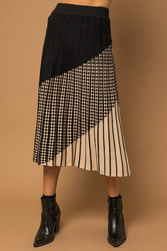 Mixed printed Pleated Sweater Midi Skirt