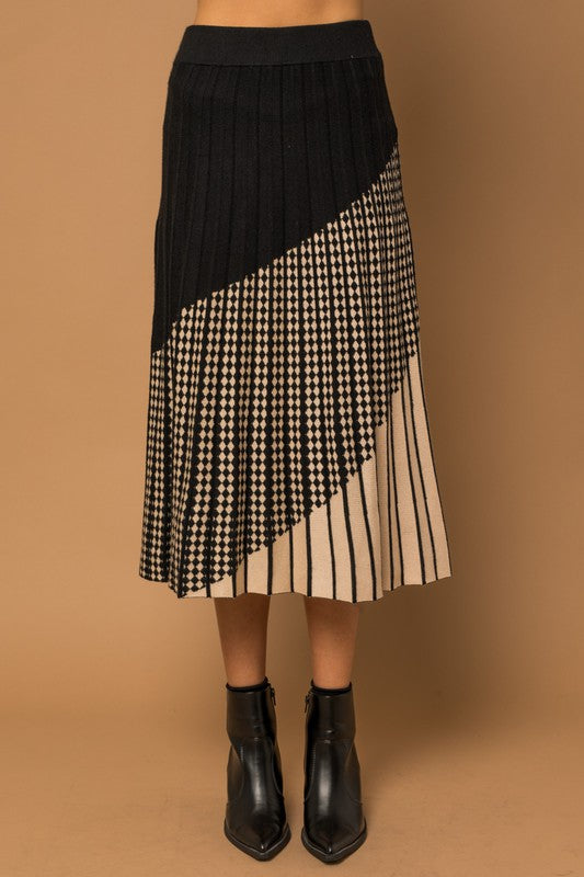Mixed printed Pleated Sweater Midi Skirt