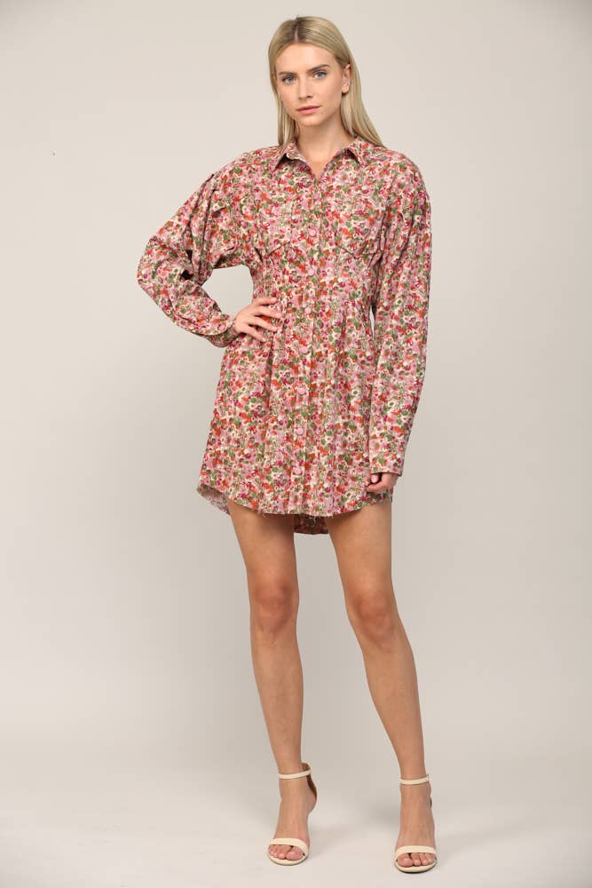 FLORAL PRINT CORDUROY TUCKED WAIST SHIRT DRESS FD30060: CAMEL MULTI / L