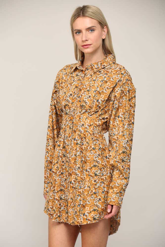 FLORAL PRINT CORDUROY TUCKED WAIST SHIRT DRESS FD30060: CAMEL MULTI / M