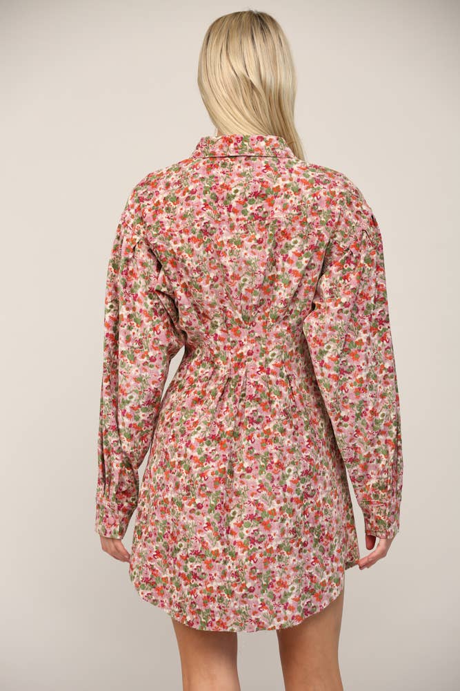 FLORAL PRINT CORDUROY TUCKED WAIST SHIRT DRESS FD30060: CAMEL MULTI / M