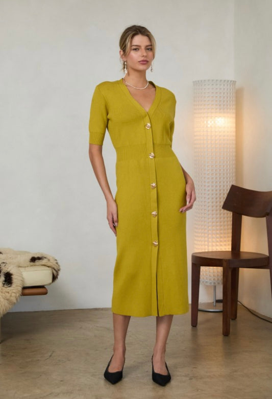 Chartreuse Yellow Ribbed Knit Midi dress