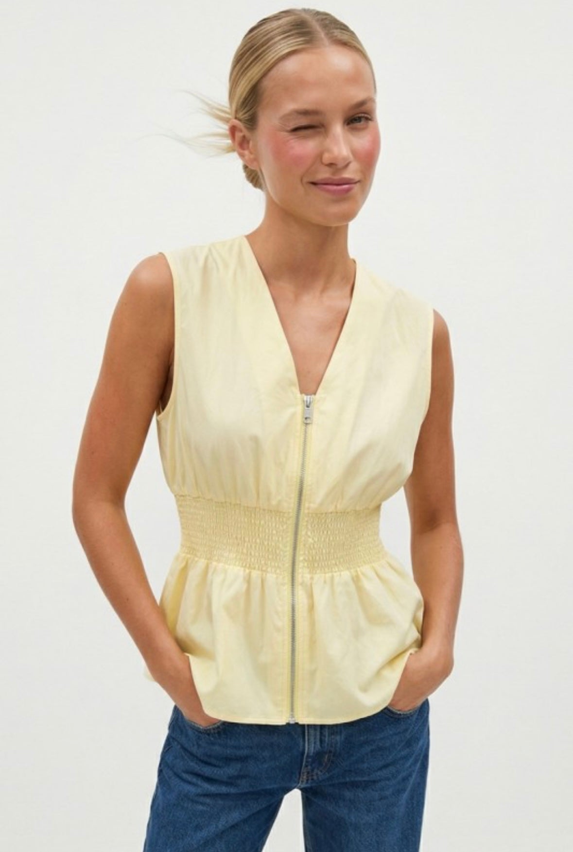 Butter Yellow Smocked Zip Peplum Top