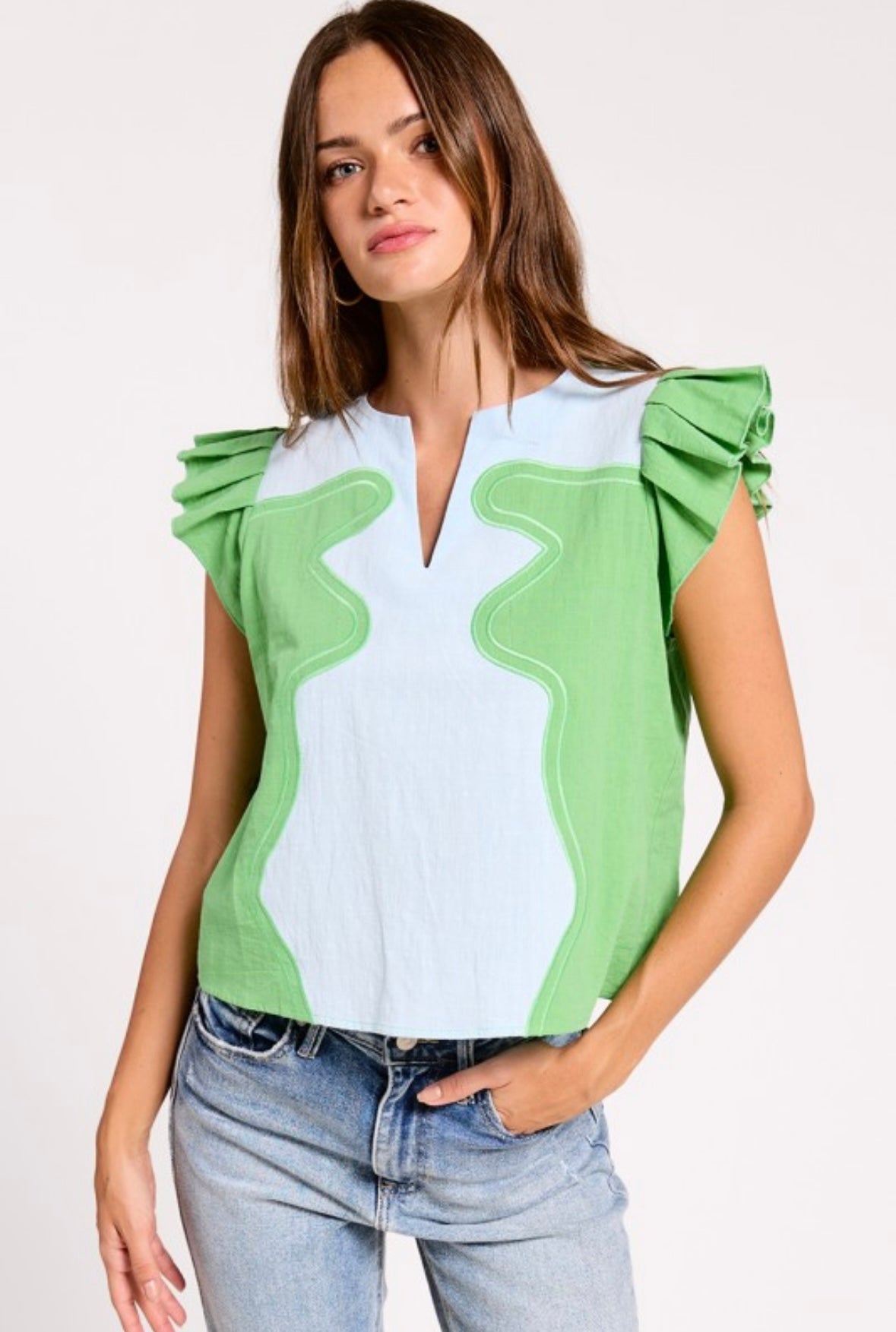 Wavy Colorblock Ruffle Sleeve Blouse