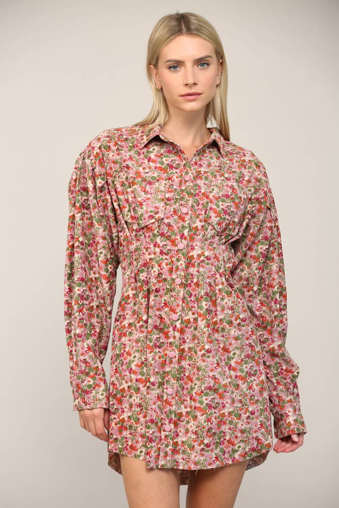 FLORAL PRINT CORDUROY TUCKED WAIST SHIRT DRESS FD30060: CAMEL MULTI / M