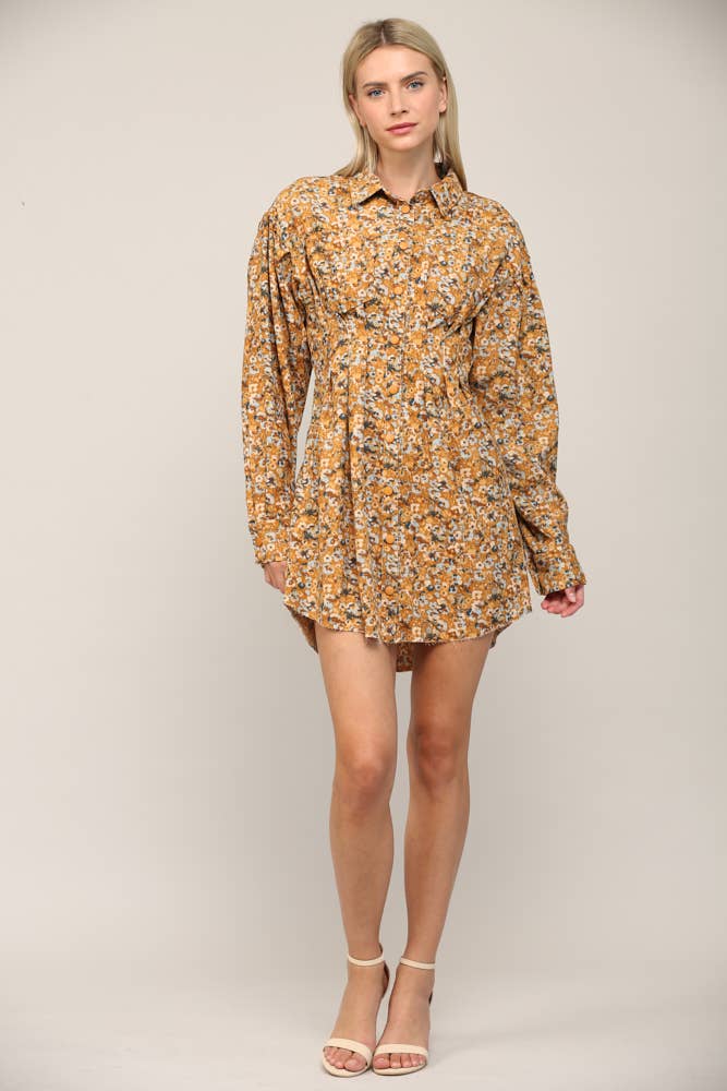 FLORAL PRINT CORDUROY TUCKED WAIST SHIRT DRESS FD30060: CAMEL MULTI / S