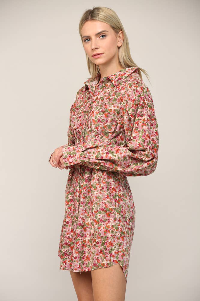 FLORAL PRINT CORDUROY TUCKED WAIST SHIRT DRESS FD30060: CAMEL MULTI / L