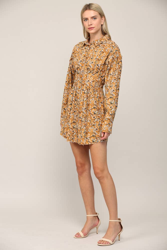 FLORAL PRINT CORDUROY TUCKED WAIST SHIRT DRESS FD30060: CAMEL MULTI / M