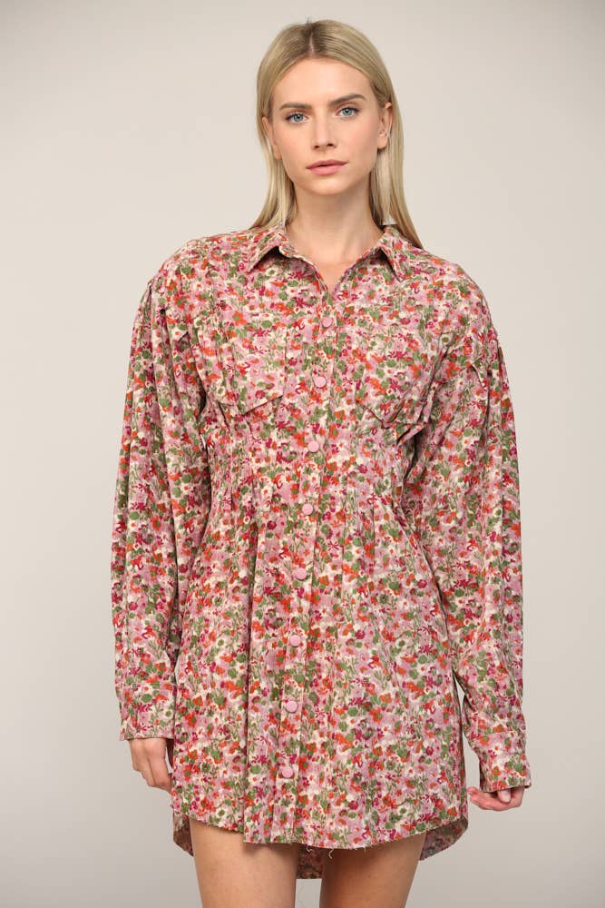FLORAL PRINT CORDUROY TUCKED WAIST SHIRT DRESS FD30060: CAMEL MULTI / M