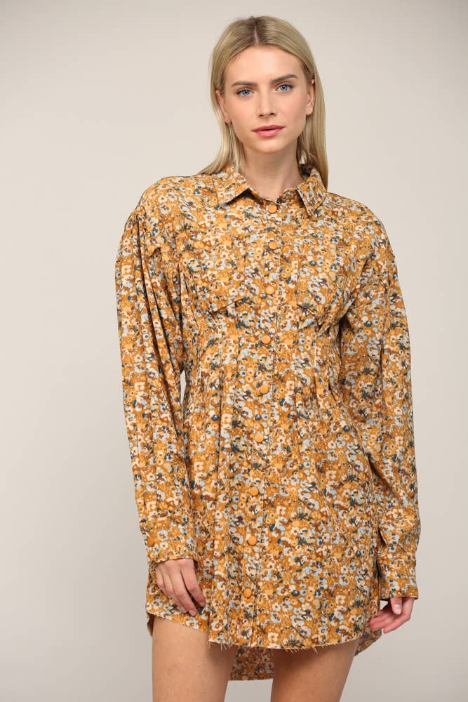 FLORAL PRINT CORDUROY TUCKED WAIST SHIRT DRESS FD30060: CAMEL MULTI / L