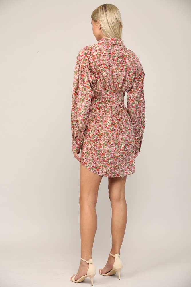 FLORAL PRINT CORDUROY TUCKED WAIST SHIRT DRESS FD30060: CAMEL MULTI / M
