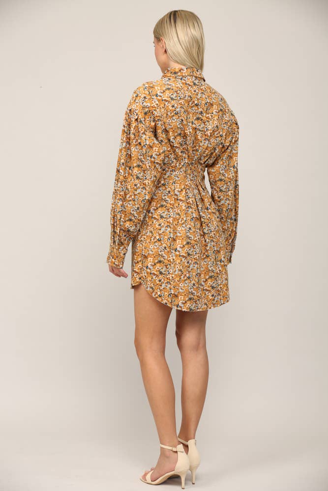 FLORAL PRINT CORDUROY TUCKED WAIST SHIRT DRESS FD30060: CAMEL MULTI / M