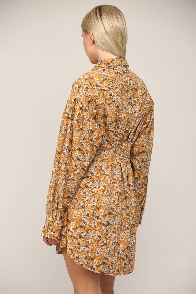 FLORAL PRINT CORDUROY TUCKED WAIST SHIRT DRESS FD30060: CAMEL MULTI / M