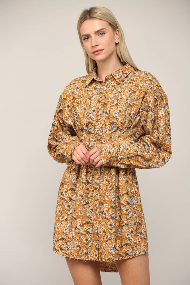 FLORAL PRINT CORDUROY TUCKED WAIST SHIRT DRESS FD30060: CAMEL MULTI / M