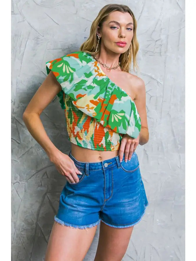 tropical one shoulder top
