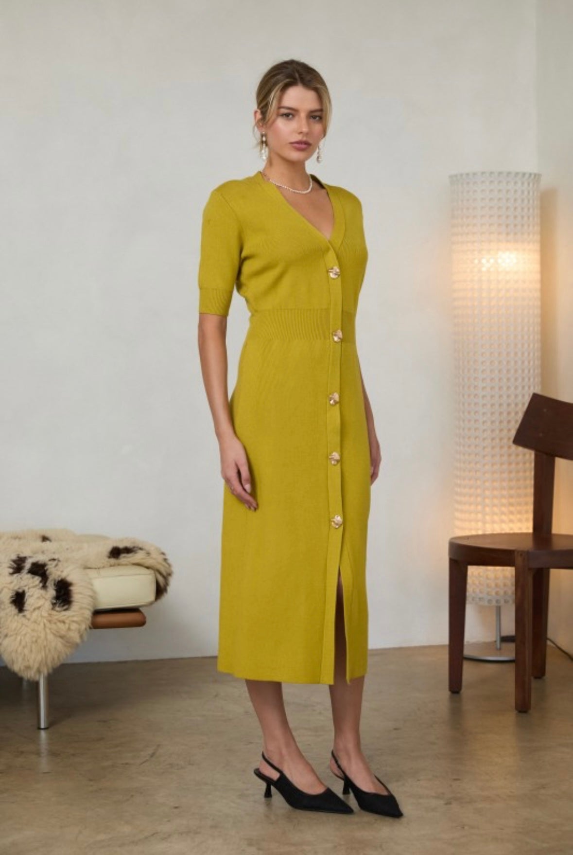 Chartreuse Yellow Ribbed Knit Midi dress