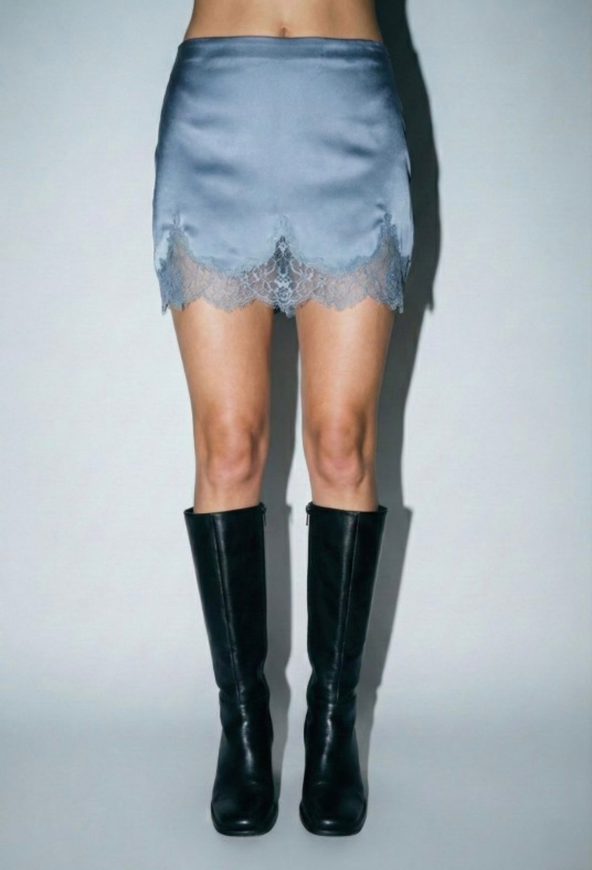 Powder Blue Satin Lace-Trim Mini Skirt