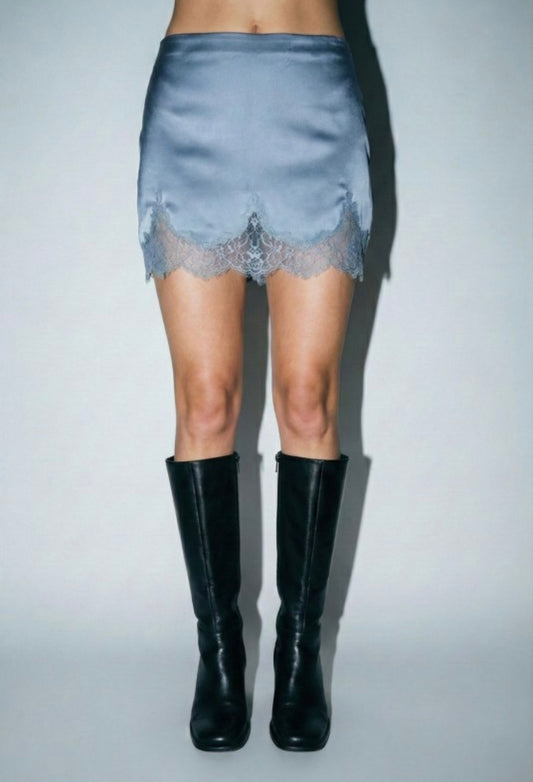 Powder Blue Satin Lace-Trim Mini Skirt