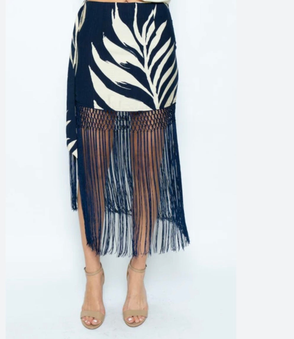 Midnight Palms Fringe Skirt