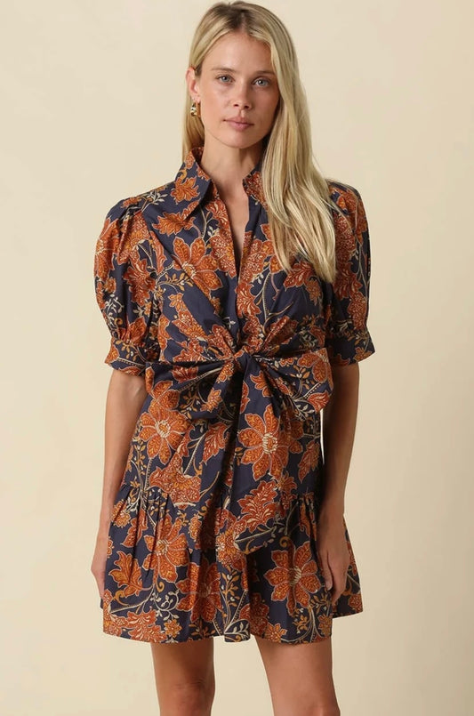 Navy Floral Tie-Waist Mini Dress