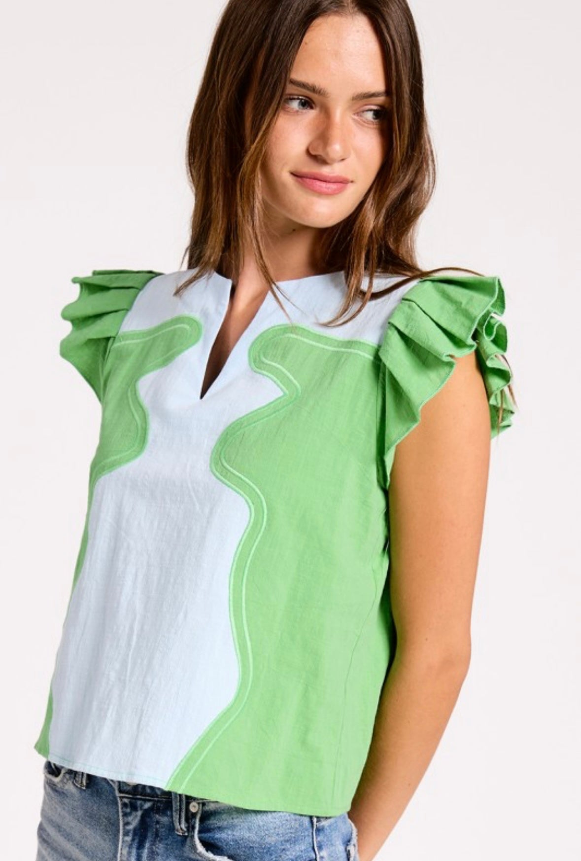 Wavy Colorblock Ruffle Sleeve Blouse