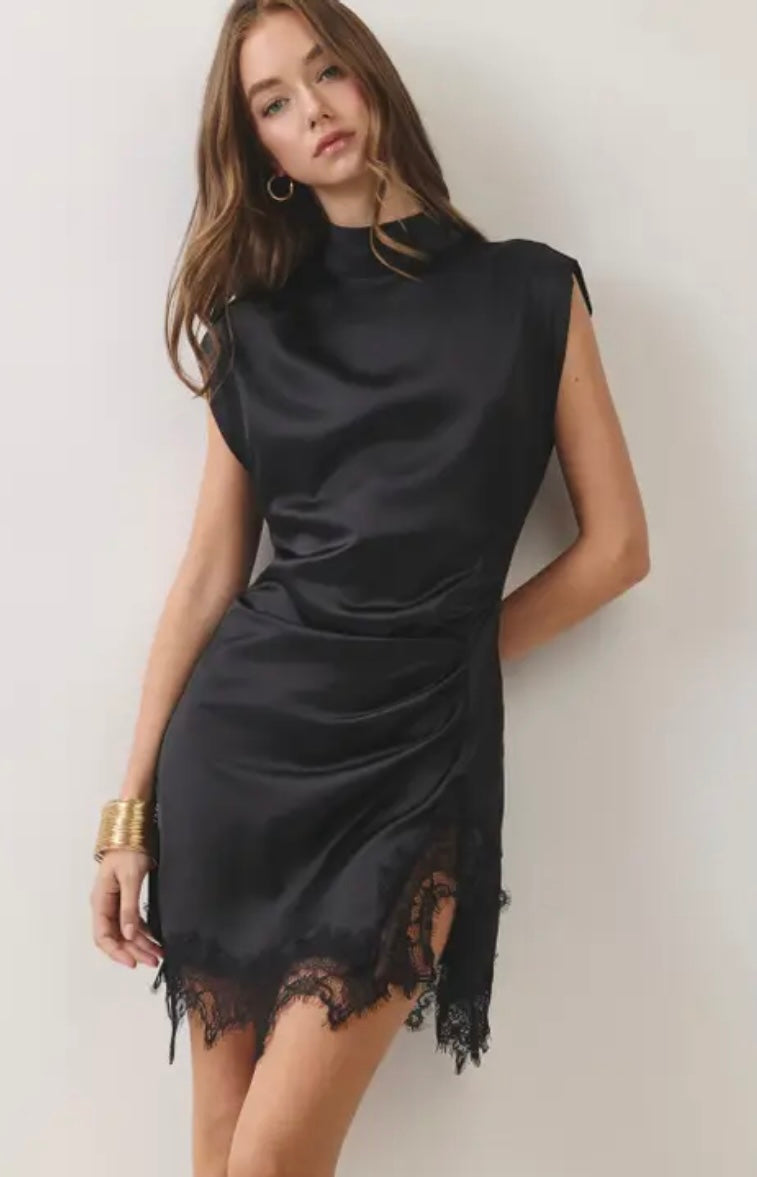 Black Satin Lace-Hem Mini Dress