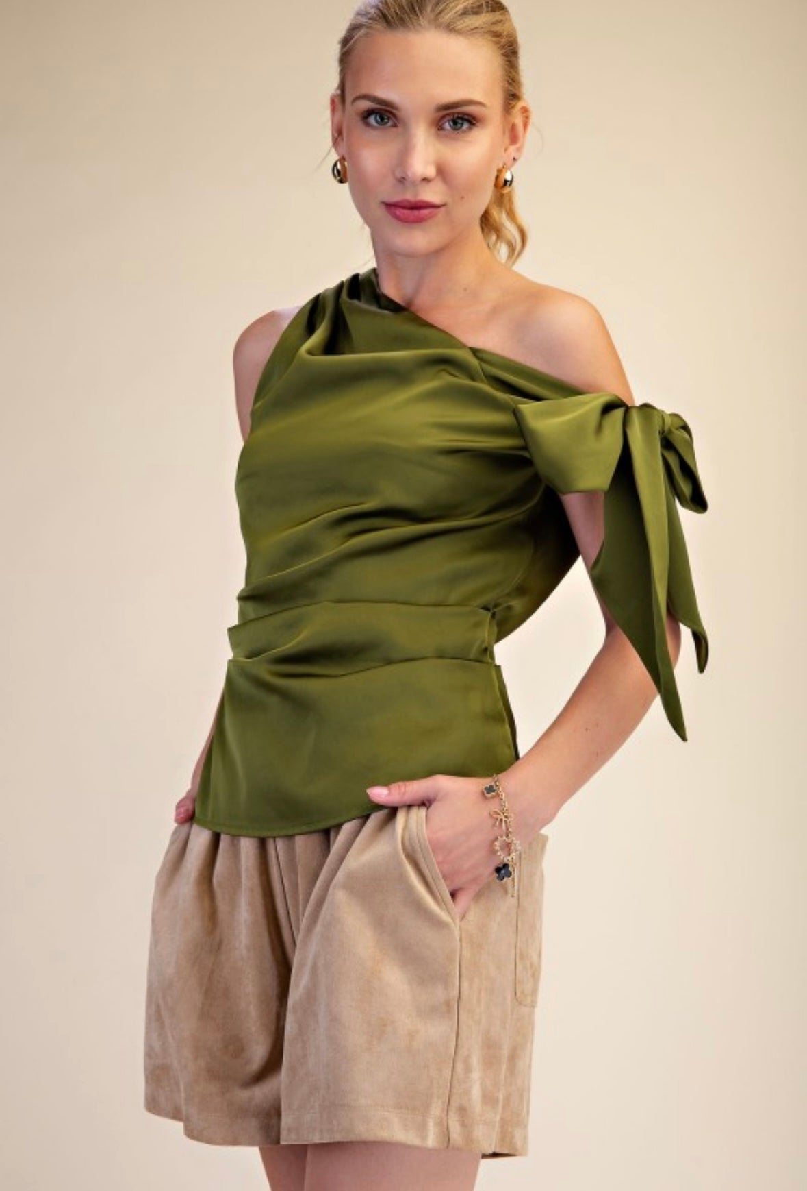 The Olive Asymmetrical Satin Top