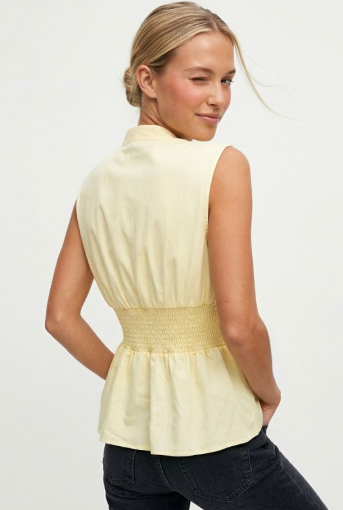 Butter Yellow Smocked Zip Peplum Top