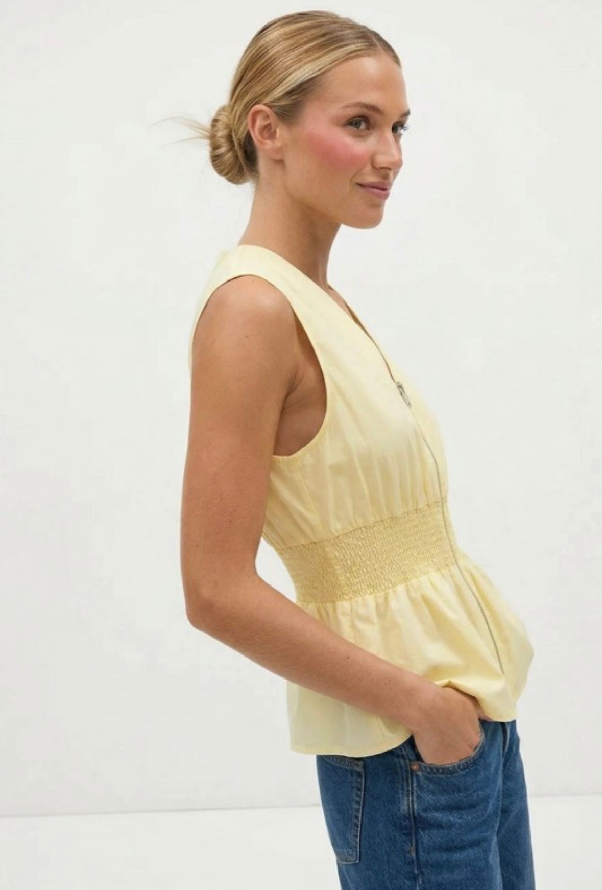 Butter Yellow Smocked Zip Peplum Top
