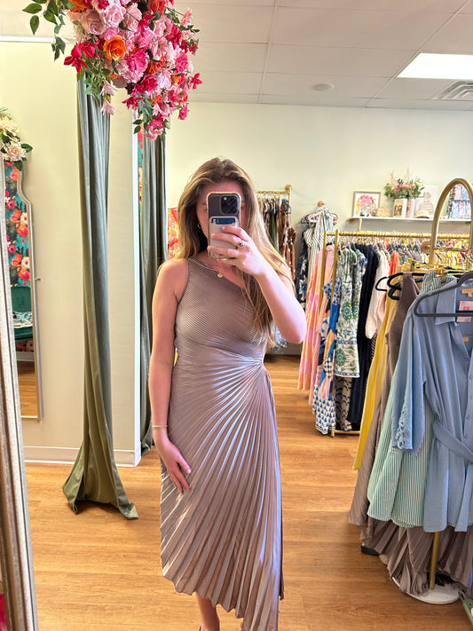 one-shoulder asymmetrical pleated midi dress